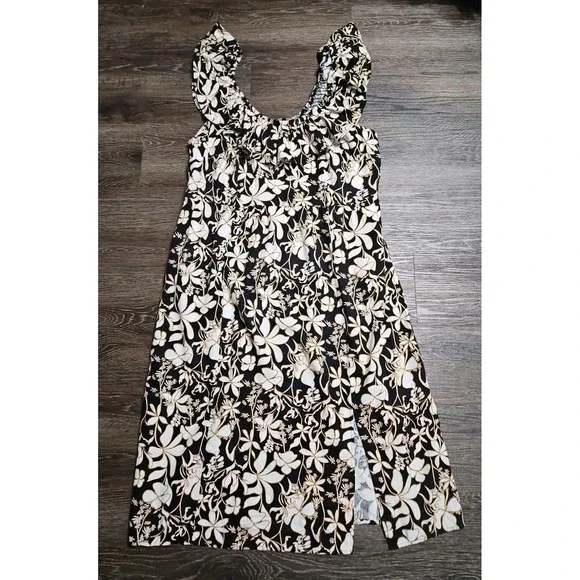 Ava & Viv Ruffle Sleeve Empire Waist Linen Blend Dress In Black Floral 1X - Picture 3 of 11